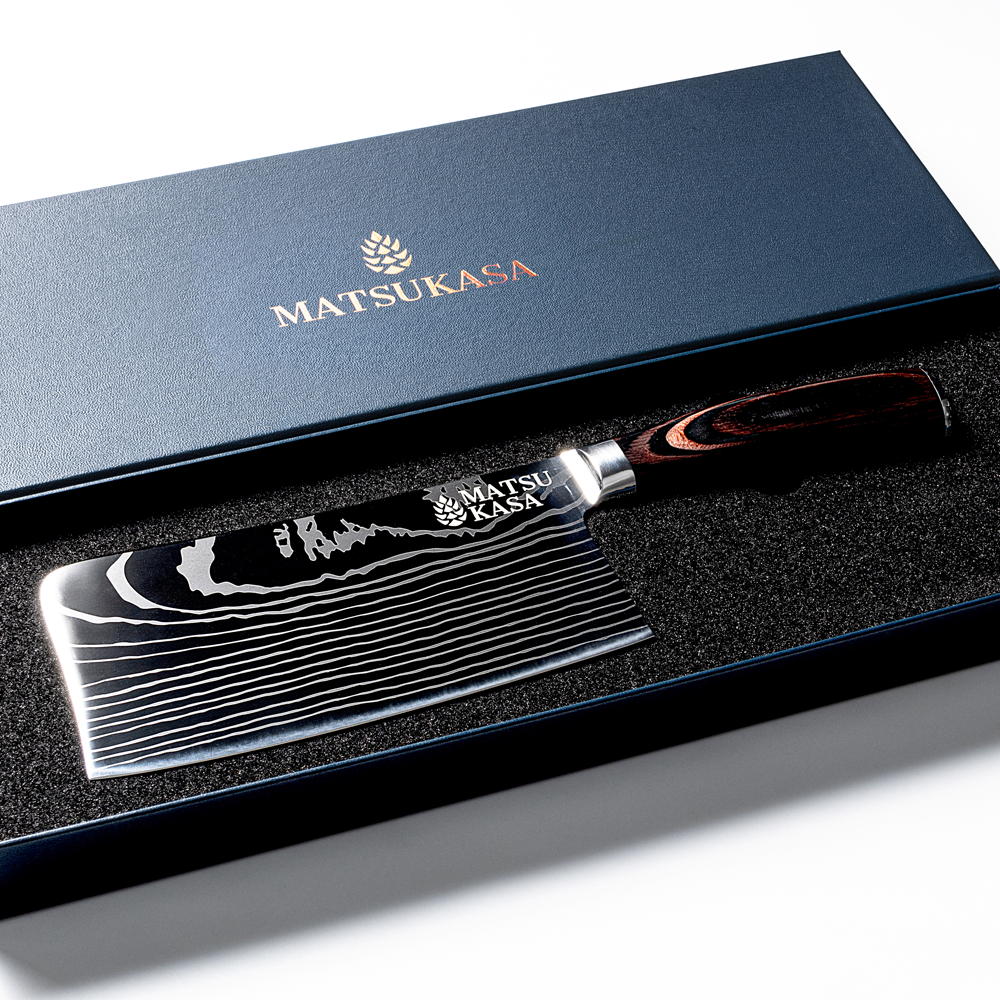 MATSUKASA cleaver presented in its signature wooden box