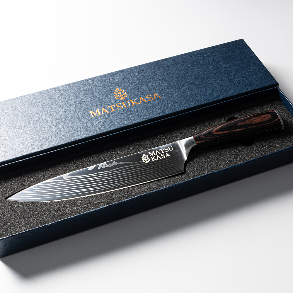 MATSUKASA chef knife presented in its signature wooden box